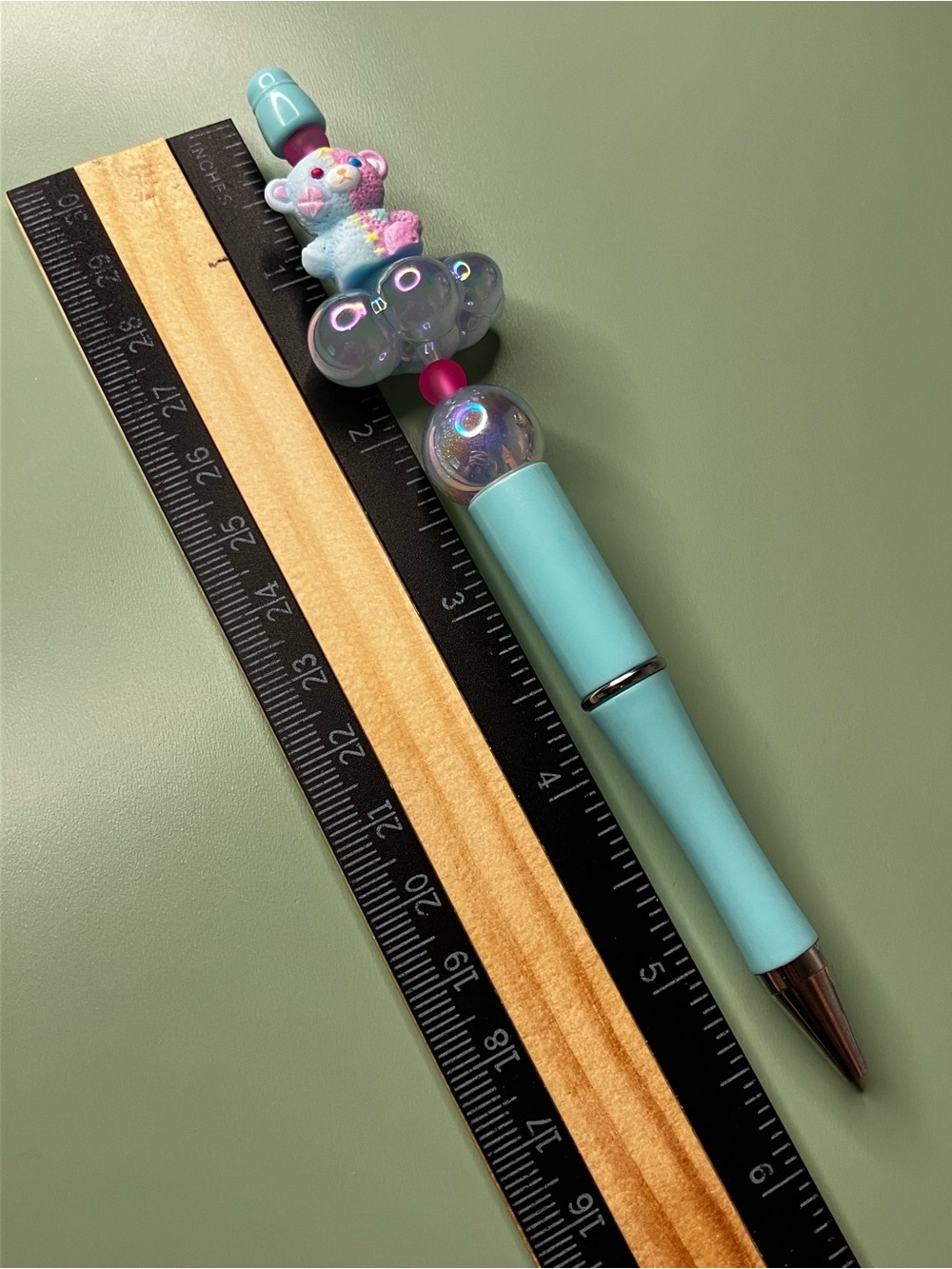 Blue Pink Emo Bear on a Blue Cloud Kawaii Handmade Beaded Pen - Picture 8 of 8